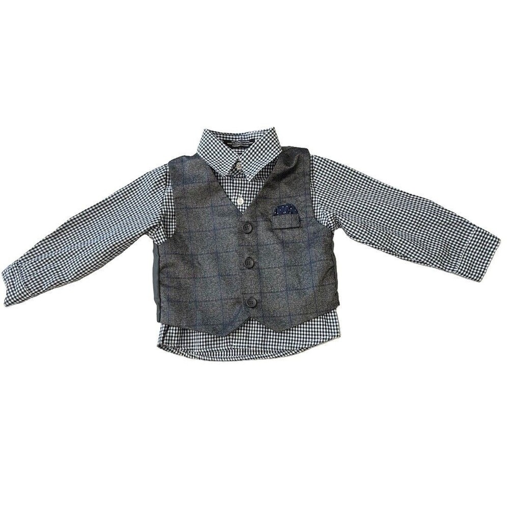 Andrew Fezza Boys 24M Dress Shirt & Vest Set Black White Gingham Plaid Formal